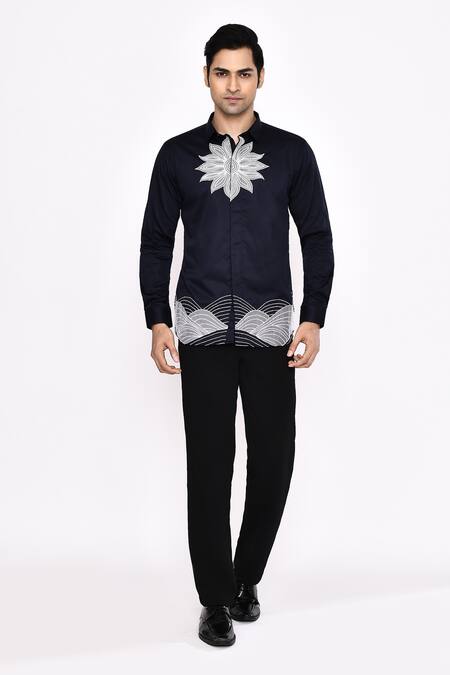 Shop_Aryavir Malhotra_Navy Cotton Embroidery Black Printed Blend Shirt _Online_at_Aza_Fashions