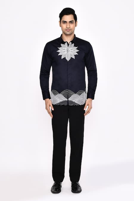 Aryavir Malhotra_Navy Cotton Embroidery Black Printed Blend Shirt _at_Aza_Fashions