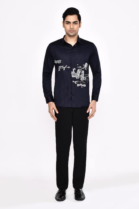 Buy_Aryavir Malhotra_Black Cotton Printed Blend Shirt _Online_at_Aza_Fashions