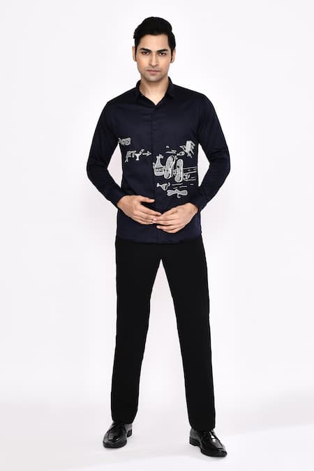 Shop_Aryavir Malhotra_Black Cotton Printed Blend Shirt _Online_at_Aza_Fashions