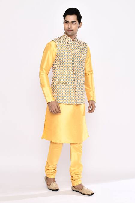 Shop Arihant Rai Sinha Yellow Silk Blend Churidar Shop_Arihant Rai Sinha_Yellow Silk Blend Churidar