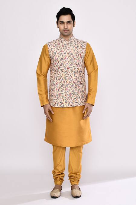 Arihant Rai Sinha_Yellow Silk Blend Churidar _at_Aza_Fashions