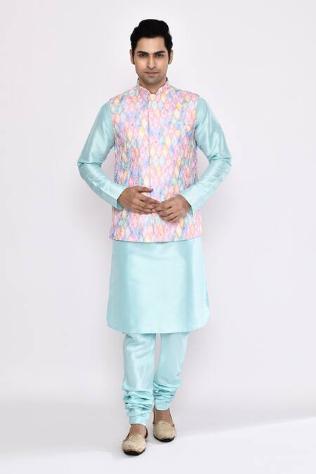 Shop_Arihant Rai Sinha_Blue Silk Turquoise Blend Churidar _Online_at_Aza_Fashions