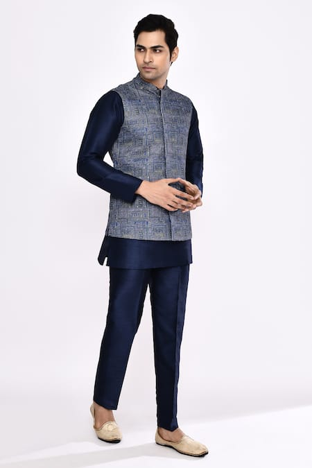 Shop_Arihant Rai Sinha_Blue Silk Dark Blend Pyjama _Online_at_Aza_Fashions