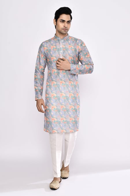 Arihant Rai Sinha_Gray Silk Grey Floral Printed Kurta _Online_at_Aza_Fashions