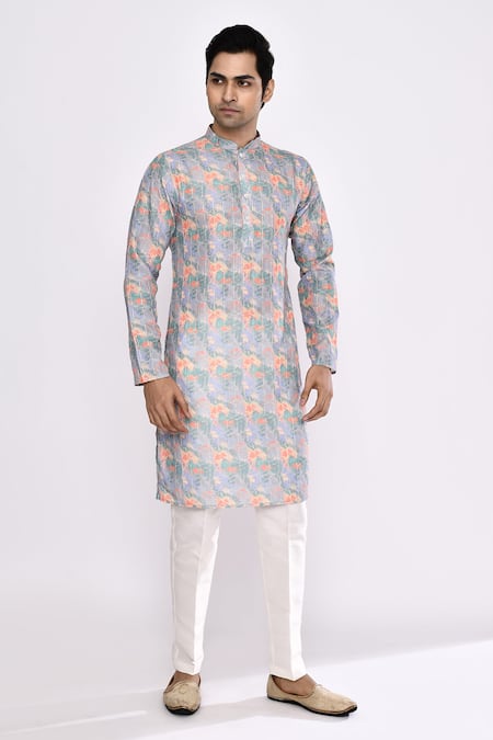 Arihant Rai Sinha Grey Floral Printed Silk Kurta 