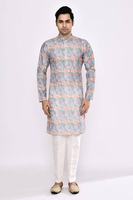 Buy_Arihant Rai Sinha_Gray Silk Grey Floral Printed Kurta _Online_at_Aza_Fashions