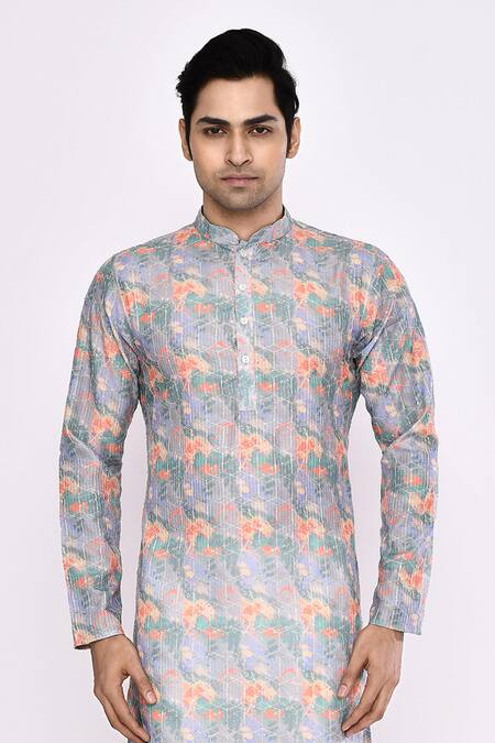Arihant Rai Sinha Gray Silk Grey Floral Printed Kurta at Aza Fashions Arihant Rai Sinha_Gray Silk Grey Floral Printed Kurta _at_Aza_Fashions