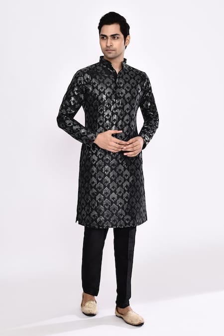 Shop_Arihant Rai Sinha_Black Silk Blend Kurta _Online_at_Aza_Fashions