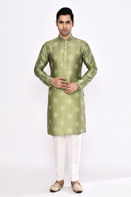 Buy_Arihant Rai Sinha_Green Silk Pure Kurta And White Pant Set _Online_at_Aza_Fashions