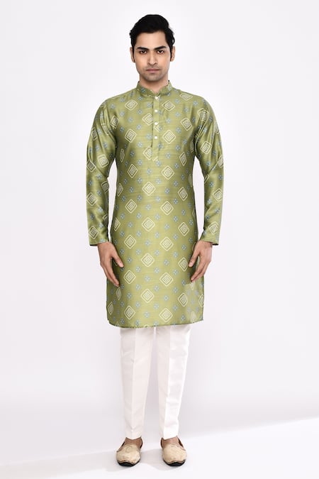 Shop_Arihant Rai Sinha_Green Silk Pure Kurta And White Pant Set _Online_at_Aza_Fashions