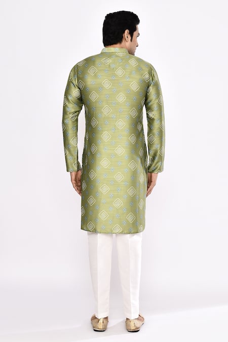 Shop_Arihant Rai Sinha_Green Silk Pure Kurta And White Pant Set _at_Aza_Fashions