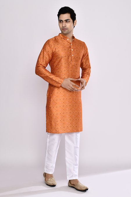 Arihant Rai Sinha_Orange Silk, Cotton Embroidery Mustard Yellow Blend Long Kurta _Online_at_Aza_Fashions