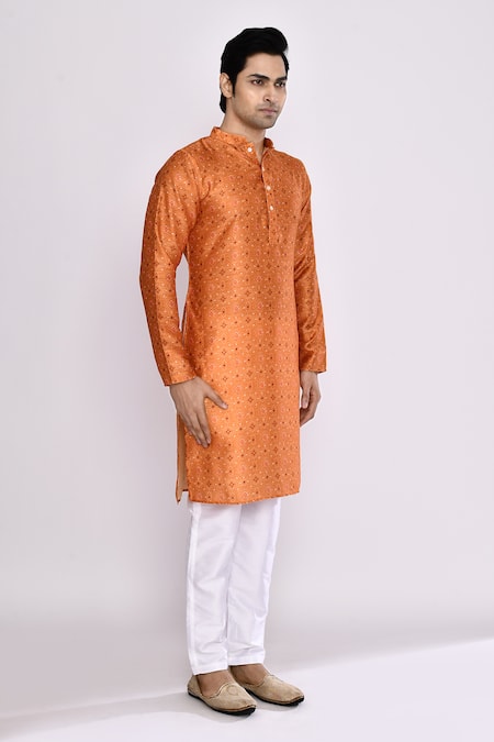 Buy_Arihant Rai Sinha_Orange Silk, Cotton Embroidery Mustard Yellow Blend Long Kurta _Online_at_Aza_Fashions