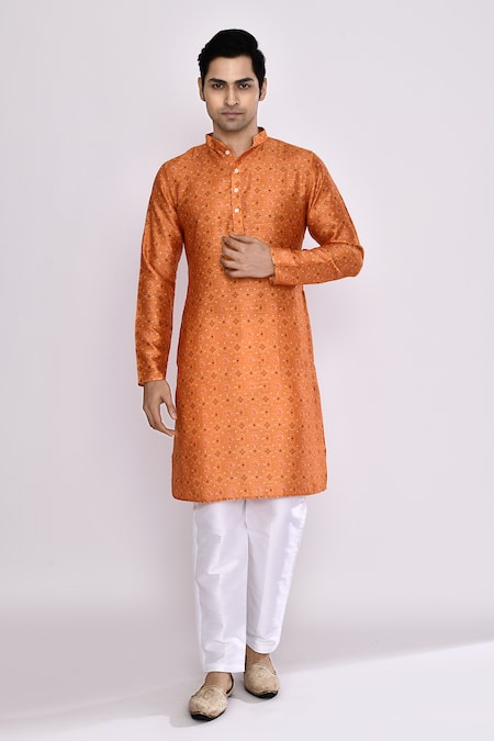 Arihant Rai Sinha Orange Silk, Cotton Embroidery Mustard Yellow Blend Long Kurta 