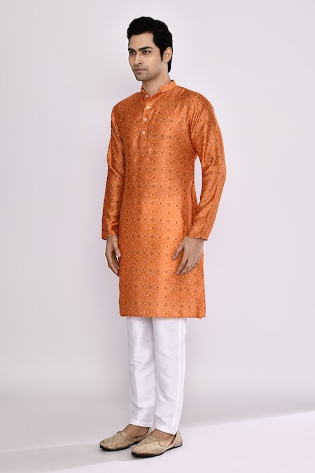 Shop_Arihant Rai Sinha_Orange Silk, Cotton Embroidery Mustard Yellow Blend Long Kurta _Online_at_Aza_Fashions