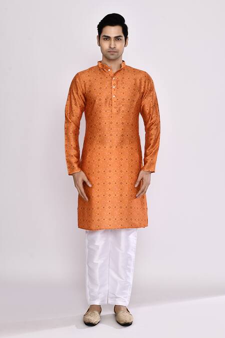 Buy_Arihant Rai Sinha_Orange Silk, Cotton Embroidery Mustard Yellow Blend Long Kurta 