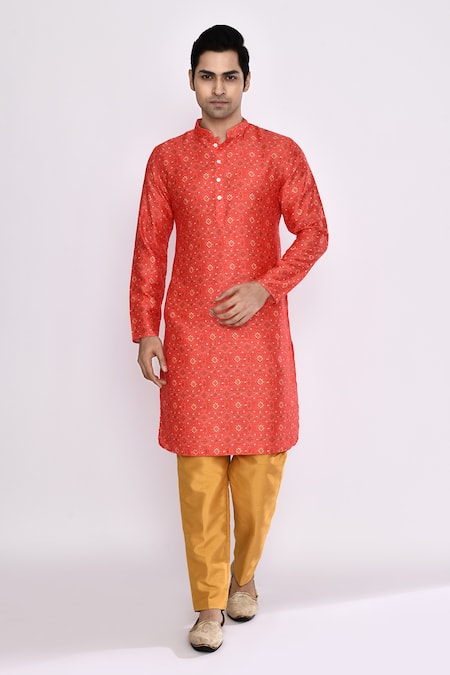 Arihant Rai Sinha Red Silk Kurta & Chikoo Brown Pant Set 
