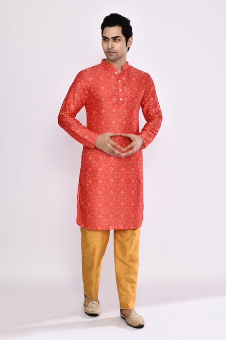 Arihant Rai Sinha_Red Silk Embroidery Kurta And Chikoo Brown Pant Set _Online_at_Aza_Fashions