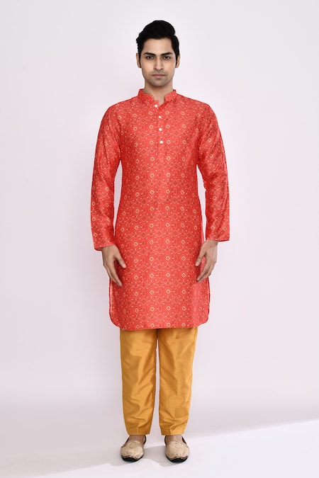 Shop_Arihant Rai Sinha_Red Silk Embroidery Kurta And Chikoo Brown Pant Set _Online_at_Aza_Fashions