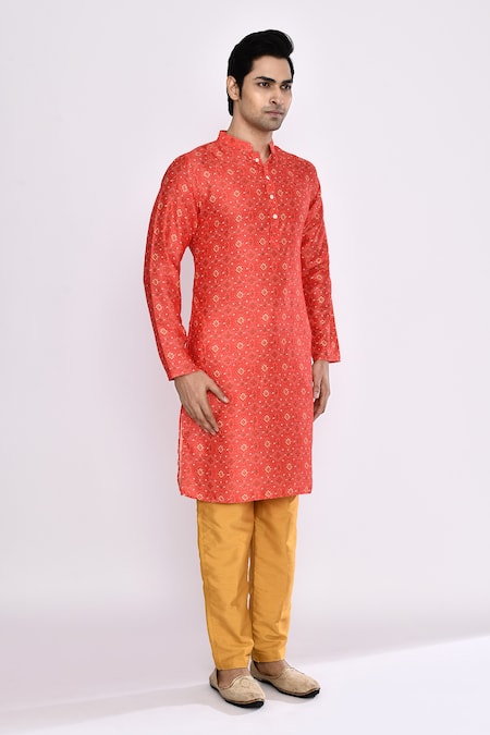 Arihant Rai Sinha_Red Silk Embroidery Kurta And Chikoo Brown Pant Set _at_Aza_Fashions