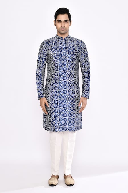 Arihant Rai Sinha_Blue Silk Printed Blend Kurta _Online_at_Aza_Fashions