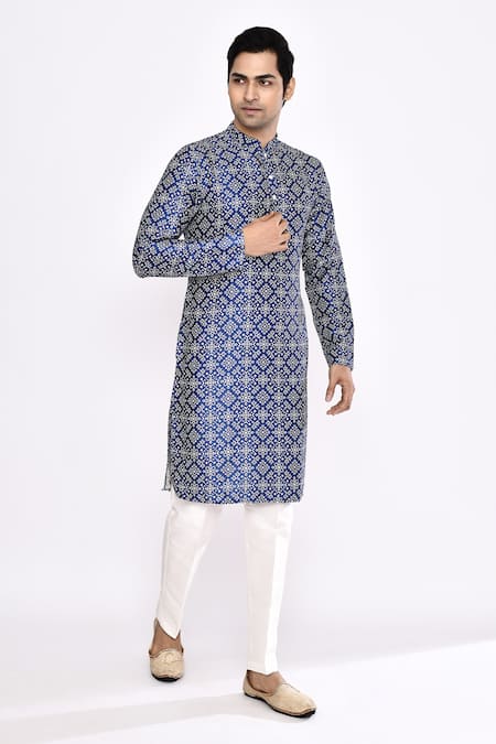 Buy_Arihant Rai Sinha_Blue Silk Printed Blend Kurta _Online_at_Aza_Fashions