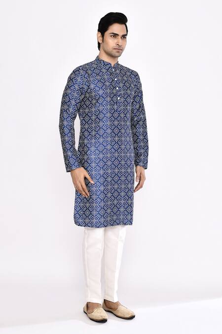 Arihant Rai Sinha_Blue Silk Printed Blend Kurta _at_Aza_Fashions