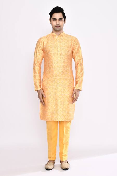 Buy_Arihant Rai Sinha_Yellow Silk Embroidery Blend Kurta _Online_at_Aza_Fashions