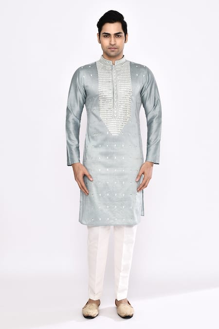 Buy_Arihant Rai Sinha_Gray Silk Embroidery Grey Blend Kurta _Online_at_Aza_Fashions