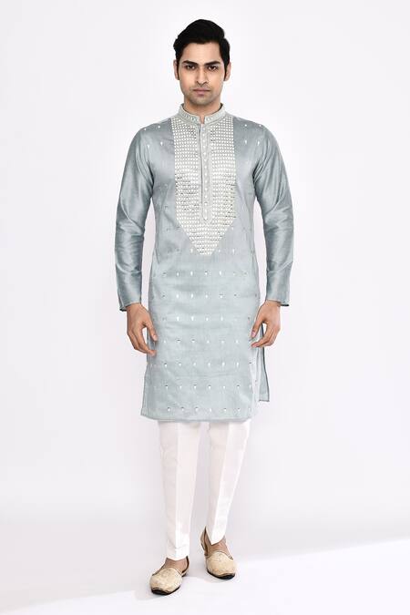 Shop_Arihant Rai Sinha_Gray Silk Embroidery Grey Blend Kurta _Online_at_Aza_Fashions