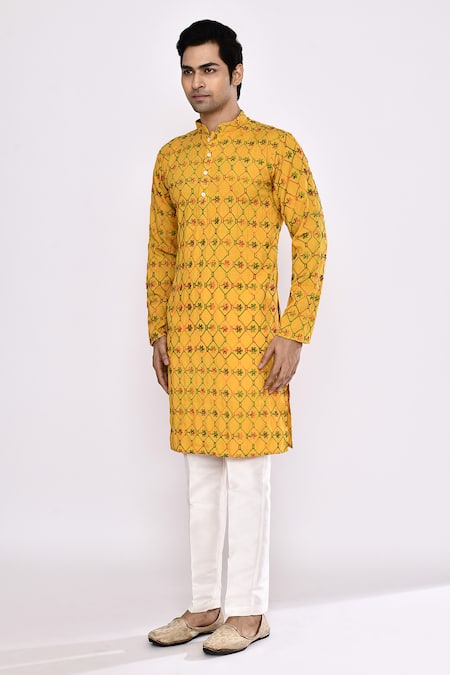 Buy_Arihant Rai Sinha_Yellow Cotton Embroidery Printed Kurta _Online_at_Aza_Fashions