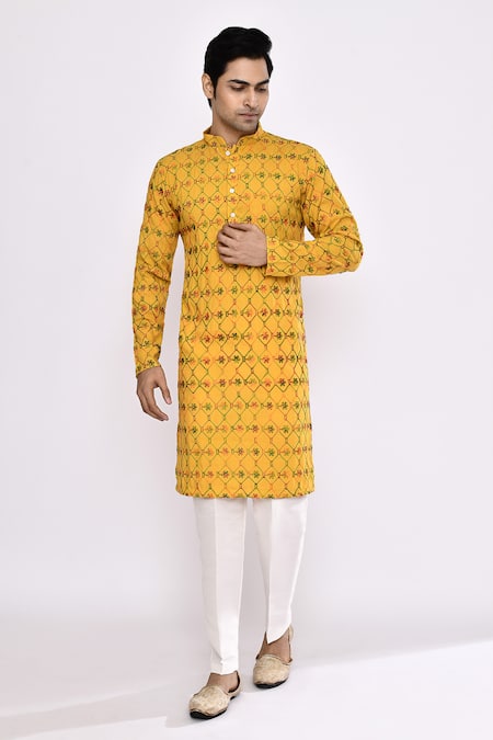 Shop_Arihant Rai Sinha_Yellow Cotton Embroidery Printed Kurta _Online_at_Aza_Fashions
