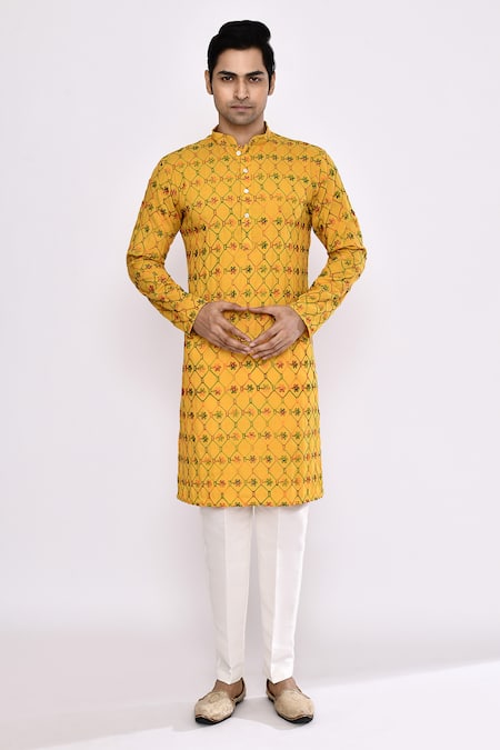 Arihant Rai Sinha_Yellow Cotton Embroidery Printed Kurta _at_Aza_Fashions