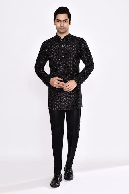 Shop_Arihant Rai Sinha_Black Cotton Embroidery Blend Kurta _Online_at_Aza_Fashions