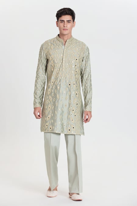 Abhinav Mishra Green Chanderi Embroidery Pistachio Resham Mirror Work Kurta Set
