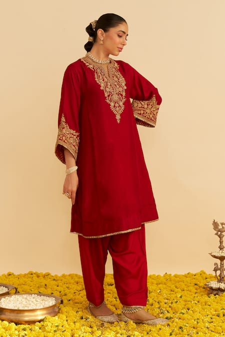 Sheetal Batra Red Embroidery Round Neck Marwa Chauga Kurta Set 