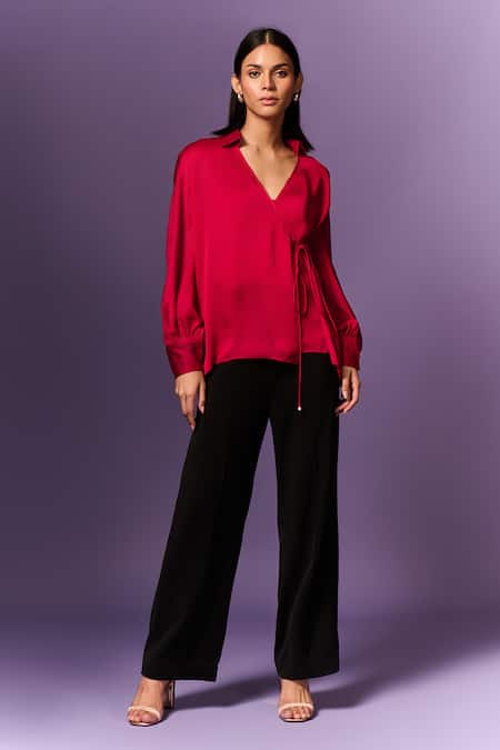 Emblaze_Pink Chiffon, Satin V-neck Hot Shirt _at_Aza_Fashions