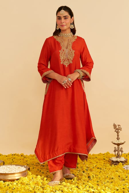 Sheetal Batra Orange Embroidery Round Neck Amaya Kaftan Set