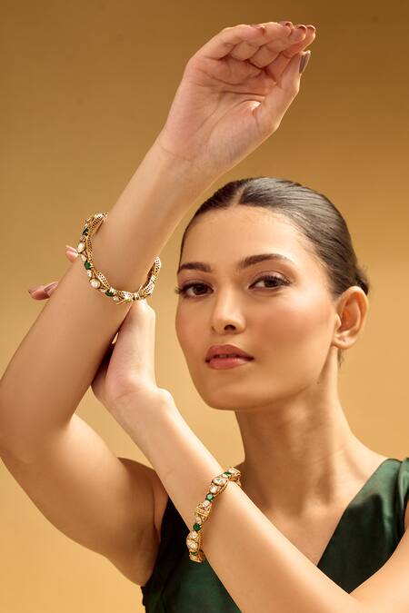 Nazaakat By Samara Singh Green Stones, Crystals And Gold Detailed Bangle Set at Aza Fashions Nazaakat By Samara Singh_Green Stones, Crystals And Gold Detailed Bangle Set _at_Aza_Fashions