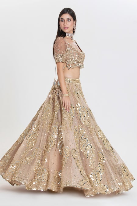 Shop_Abhinav Mishra_Gold Net Sequins, Mirrors, Zari Chamak Champaign Embroidered Lehenga Set _Online_at_Aza_Fashions