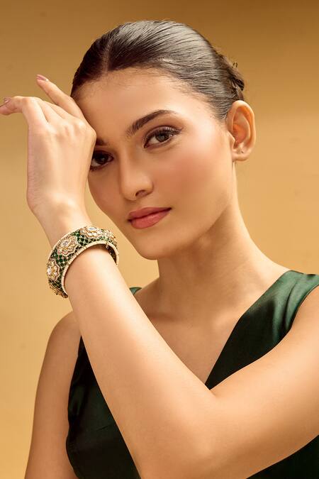 Nazaakat By Samara Singh Green Rhinestones And Gold Embellished Bangle at Aza Fashions Nazaakat By Samara Singh_Green Rhinestones And Gold Embellished Bangle _at_Aza_Fashions