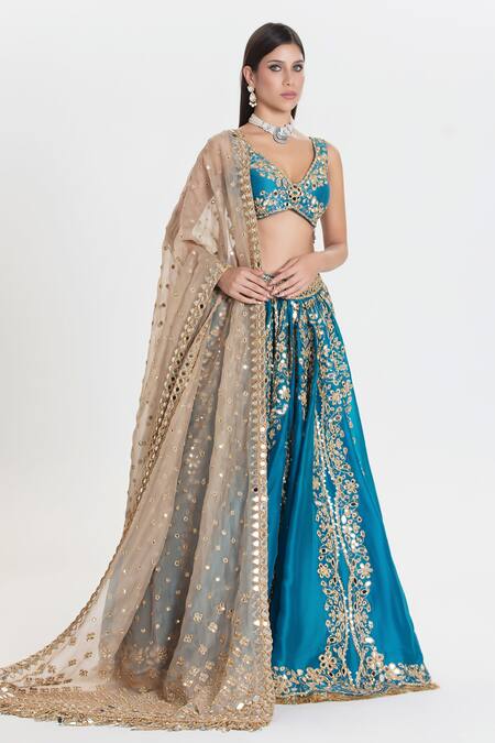 Abhinav Mishra_Blue Organza, Chanderi Mirrors, Neelam Celestial Embroidered Lehenga Set _at_Aza_Fashions