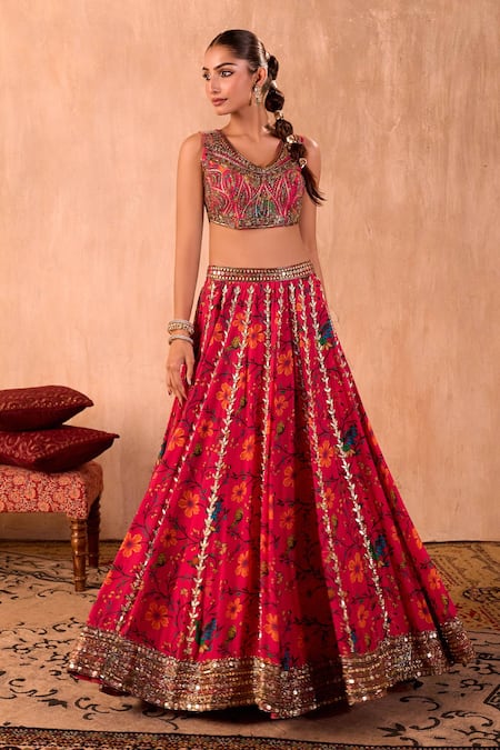 Shop_Mehak Murpana X AZA_Pink Crepe, Organza Sequins, Embroidery, Zari Round Floral Print Lehenga Set _Online_at_Aza_Fashions