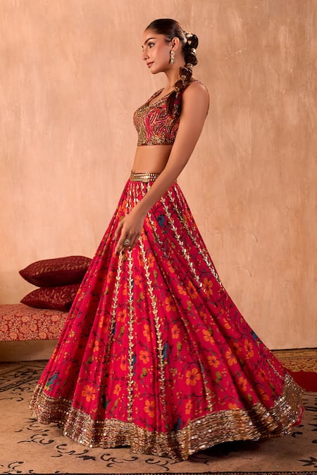 Mehak Murpana X AZA_Pink Crepe, Organza Sequins, Embroidery, Zari Round Floral Print Lehenga Set _at_Aza_Fashions