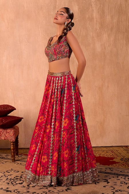 Buy_Mehak Murpana X AZA_Pink Crepe, Organza Sequins, Embroidery, Zari Round Floral Print Lehenga Set 