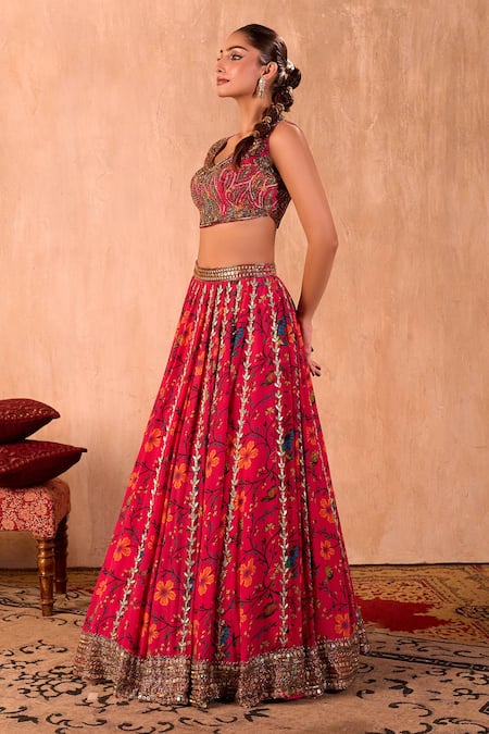 Shop_Mehak Murpana X AZA_Pink Crepe, Organza Sequins, Embroidery, Zari Round Floral Print Lehenga Set 