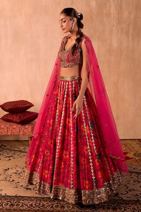 Mehak Murpana X AZA_Pink Crepe, Organza Sequins, Embroidery, Zari Round Floral Print Lehenga Set _Online_at_Aza_Fashions