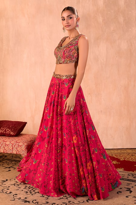 Buy_Mehak Murpana X AZA_Pink Crepe, Organza Beads, Sequins, Embroidery V-neck Floral Print Lehenga Set _Online_at_Aza_Fashions