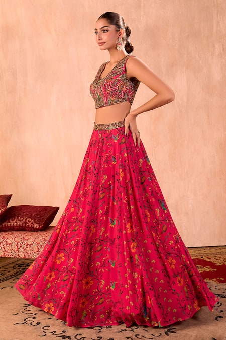 Shop_Mehak Murpana X AZA_Pink Crepe, Organza Beads, Sequins, Embroidery V-neck Floral Print Lehenga Set _Online_at_Aza_Fashions